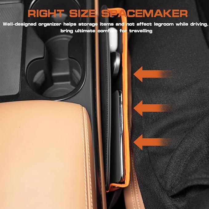 Car Seat Organizer with Gap Filler, 2-in-1 Luxurious Microfiber Storage Box and Leather Seat Console Gap Filler Drop Blocker Stopper Accessories for Sedan SUV Truck Van (Black/Orange, 1 Set)