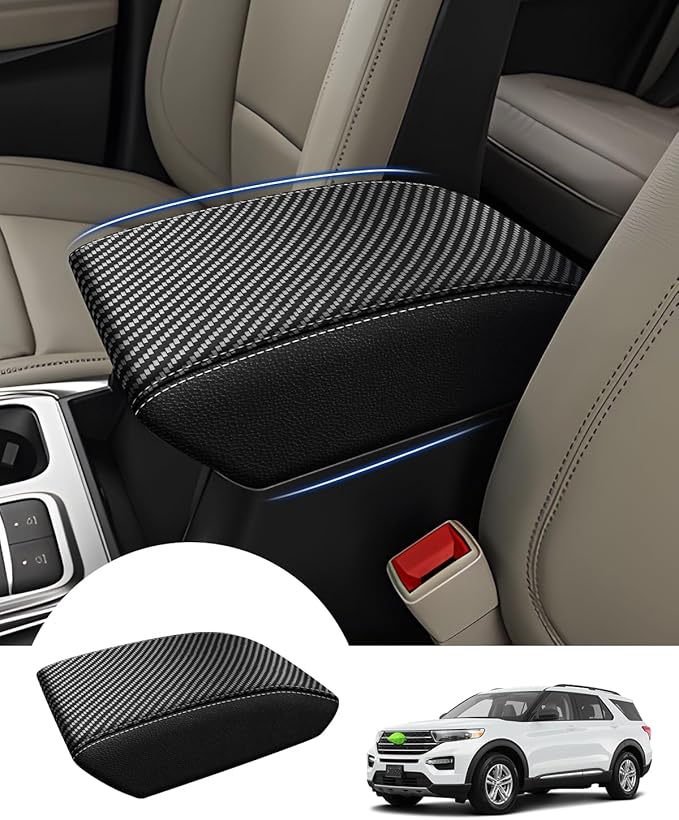 Autorder Center Console Cover for Ford Explorer 2020-2026 Accessories Armrest Cover Carbon Fiber Anti-Scratch Middle Console Pad Leather Armrest Protector