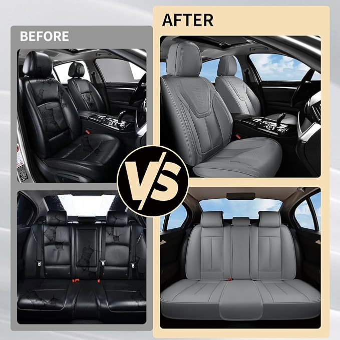 FLORICH Car Seat Covers Front Seats, Luxury Waterproof Faux Leather Seat Covers Cushion, Car Seat Protectors Universal Fit for Most 5 Seats Vehicles - Gray