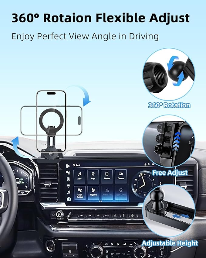 PZK Car Phone Holder for Chevy Silverado 1500/GMC Sierra 1500 2022 2023 2024 2025 2026 Accessories 13.4-Inch Screen Compatible with MagSafe Chevy Phone Mount with 360° Rotating Extension Rod
