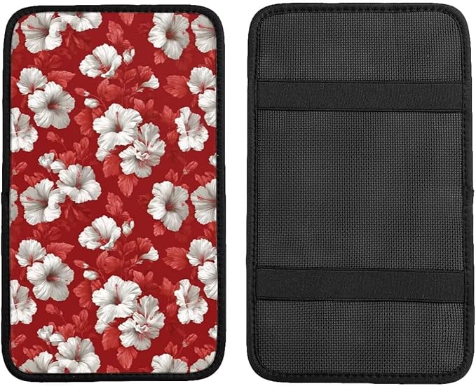 Red Hibiscus Center Console Armrest Cover Tropical Floral Middle Console Covers Seat Box Lid Protective Cover Cushion Pad SUV Van Sedans Truck Accessories Hawaiian Leaf Arm Rest Pads