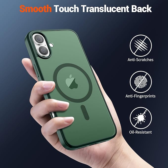 SUPFINE Magnetic for iPhone 16 Case (Compatible with MagSafe) (Military Grade Drop Protection) Slim Translucent Matte Shockproof with Anti-Fingerprint Phone Case,Forest Green