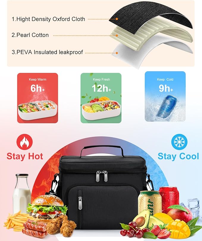 Insulated Lunch Bag for Men & Women, 9L Leakproof Lunch Box Soft Cooler Tote with 5 Pockets, 600D Oxford, EVA Lining, Adjustable Strap for Work, Picnic, Beach&Travel-Black