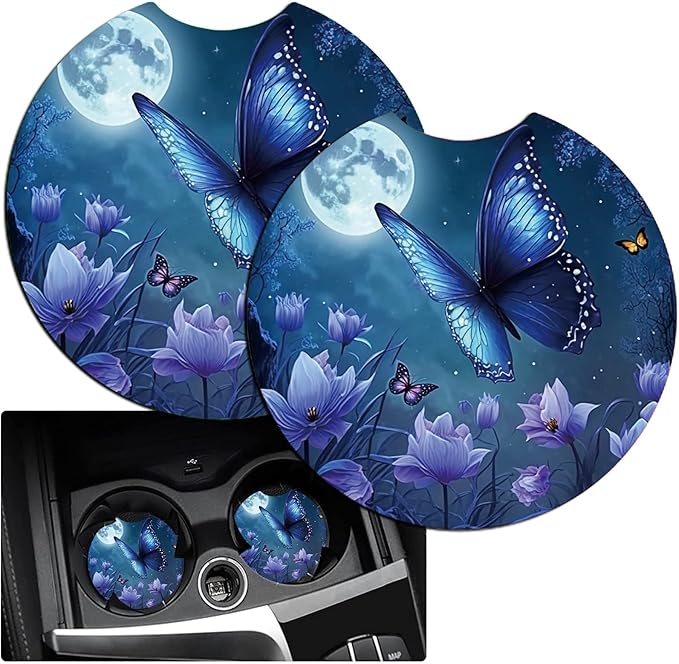 Car Armrest Cover Pads Universal Fashion Cute Auto Center Console Armrest Cover Pad with 2PCS Car Coasters Soft Waterproof Car Armrest Seat Protector for Women Girls, Blue Butterfly