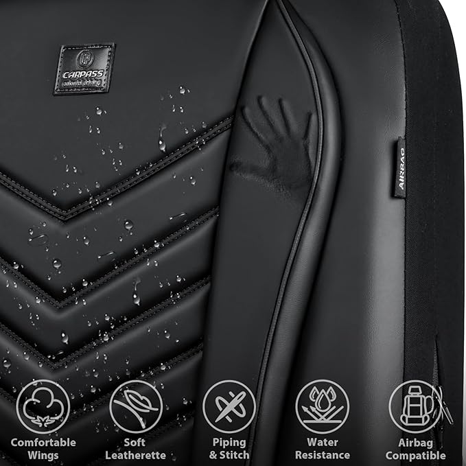 CAR PASS 3D Foam Faux Leather Car Seat Covers Front Seats,Waterproof Leather Front Seat Cover for Cars,Luxury Universal Fit for SUV Truck Sedan Automotive, Armrest Airbag Compatible Anti-Slip, Black