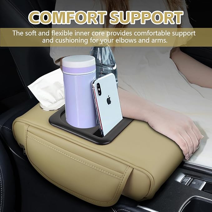 wuyaoyao Car Center Console Cover, 13.39"×8.27"×3.15" Leather Car Armrest Cover with Pocket & Tissue Box & Cup Holder, Multifunctional Auto Armrest Cushion Pad, Universal Car Accessories (Beige)