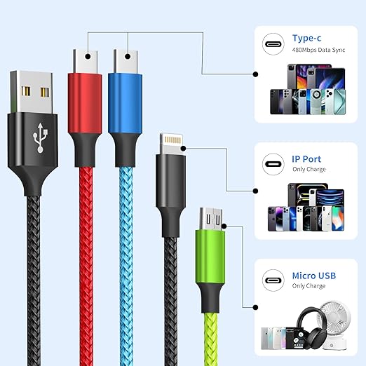 Dual Type-C 4 in 1 Multi Charging Cable [1Pack 5FT], Nylon 4 in 1 Charging Cable, Multi Chargers for All Devices with IP/Type C/Micro Port, Compatible with Most Cell Phones/Tablets and More