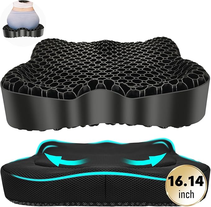 Cooling Gel Seat Cushion, Thickened Big Breathable Honeycomb Design Absorbs Pressure Points Gel Cushion with Anti-Slip Cover Cooling Seat Cushion for Office Chair Home Car Seat Cushion for Wheelchair