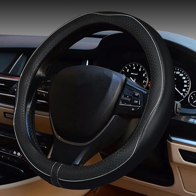 ESEWALAS Universal Car Steering Wheel Cover,Anti-Slip Leather Steering Wheel Cover,Sports Style Steering Wheel Protector,Car Interior Accessories Auto Steering Wheel Covers (Black with Gray)