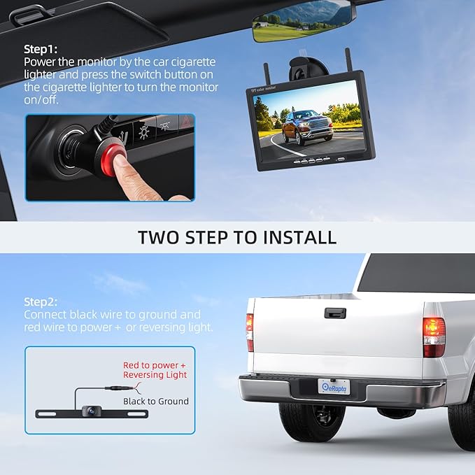 eRapta Wireless Backup Camera with 7” DVR Monitor for Trucks, 2 Channels, HD1080P Front/Rear View Camera with Night Vision, IP69K Waterproof, DIY Reserving Lines for Pickup, Car, Van, Trailer (AWTL7)