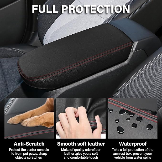 Console Cover for 2024 2025 2026 Chevrolet Trax (LS/1RS/LT/2RS/ACTIV) Leather Center ArmRest Box Cover Pad 2024 2025 2026 Chevy Trax Accessories Protector Cushion (Red Stitches)