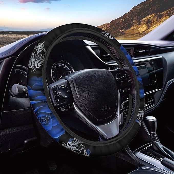 AFPANQZ Car Steering Wheel Covers Universal 15 inch Fit Almost Car Blue Rose Steering Wheel Covers Comfortable Soft Sweat Absorbing Steering Wheel Stretch-on Protector Cover Auto Decoration