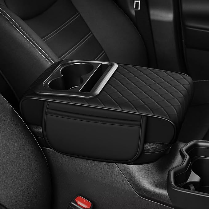 Center Console Cover Fit for Corolla Faux Leather Car Armrest Cushion with Storage Bags, Cup Holder ＆ Phone Storage Multifunctional Middle Console Cover(Black)