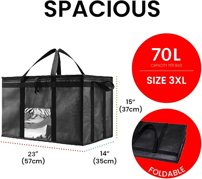 NZ home Insulated Bags for Food Delivery (3XL) Grocery Shopping Cooler Bag, Pizza Delivery, Hot & Cold Catering Tote, Reusable, Foldable & Heavy Duty (4 Pack, Black)