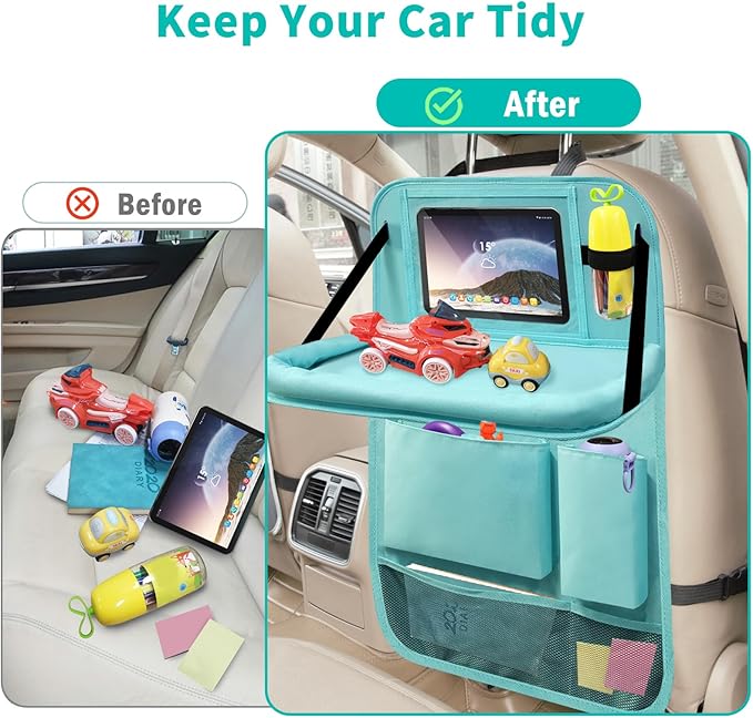 Backseat Car Organizer with Tablet Holder, 6 Storage Pockets Car Storage Organizer with Foldable Food Tray, Kick Mats Travel Accessories, 2 Pack BLue