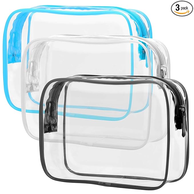 PACKISM Clear Cosmetic Bag, TSA Approved Clear Makeup Bag Travel Toiletry Bag, Beauty Quart Size Bag, 3 Pack, Black White Blue