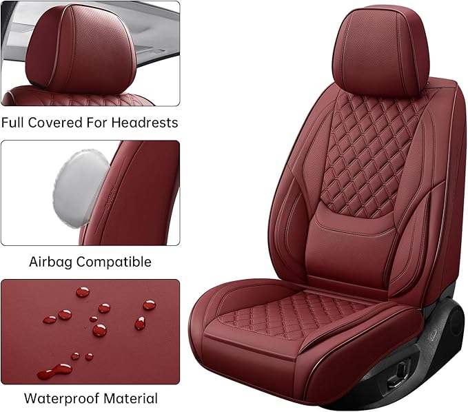 Car Seat Covers Full Set Burgundy, Luxury Faux Leather Waterproof Women Non-Slip Seat Protector Universal Fit for Most Cars SUVs Trucks Pick-ups Car Accessories Interior (Wine Red-Full Set)