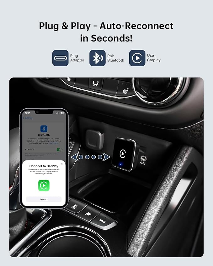 2025 Upgraded Apple Car Play Wireless Adapter for iPhone - Factory Wired CarPlay to Wireless, Auto-Reconnect, Plug & Play for iOS 10+ (iPhone 6+), Fast Stable Connection, Mini Design for Cars 2016+