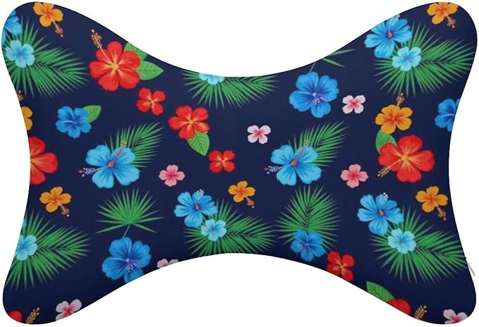 Office Neck Pillow, Compatible with Hawaiian Colorful Hibiscus Flowers Tropical Palm Tree Leaves Head Chin Supporting Cushion for Sleeping, Nap, Rest, Memory Foam Airplane Pillow Car Pillow