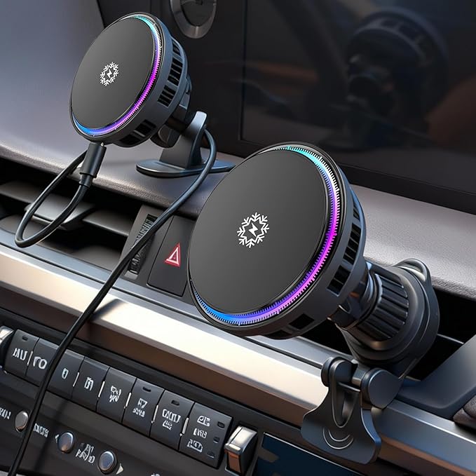 2026 Upgraded TEC and Fan Dual Cooling Magnetic Wireless Car Charger, For 15W Magsafe Car Charger Mount, RGB, Air Vent/Dashboard Fast Wireless Charging Car Phone Holder for iPhone 17/16/15/14/13/12