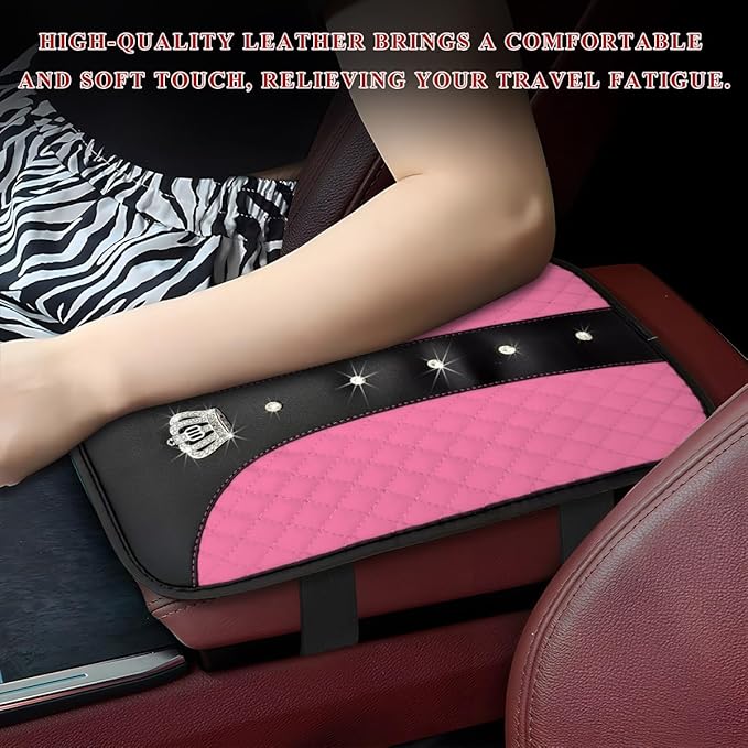 Bling Leather Car Center Console Cover, Anti-Slip Crown Armrest Seat Box Cushion Pad with Rhinestones, Waterproof Crystal Arm Rest Protector Interior Decor for Most Vehicles (Pink)