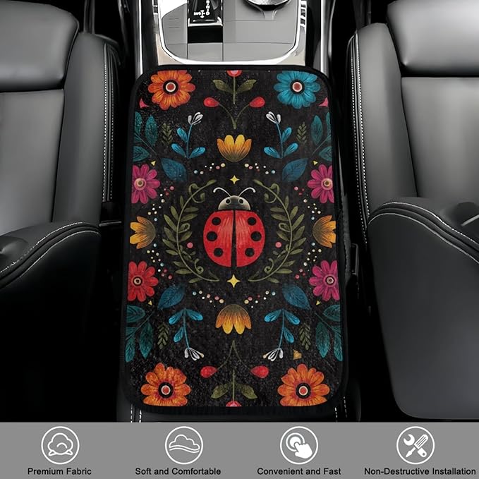 CLOHOMIN Cute Ladybug Center Console Armrest Cover for Car Sedan Van Flannel Car Armrest Cushion Winter Automobile Arm Rest Cushion Pad Flowers Auto Decoration Accessories