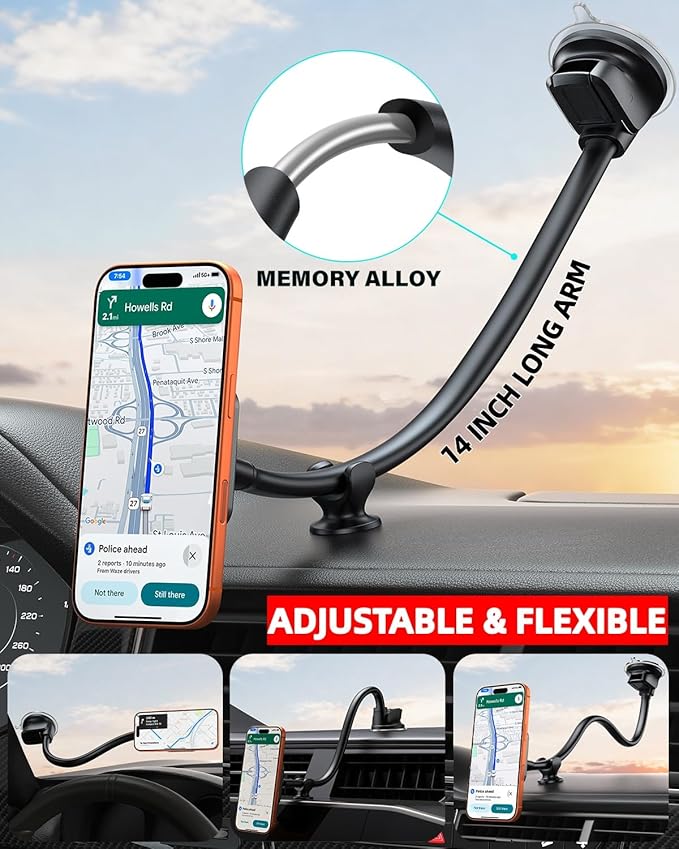 1Zero Magnetic Phone Car Mount 14-Inch Gooseneck Long Arm Extension, Universal Windshield Dashboard Industrial-Strength Suction Cup Car Phone Holder with Strong Magnets (2026 Upgraded for Magsafe)