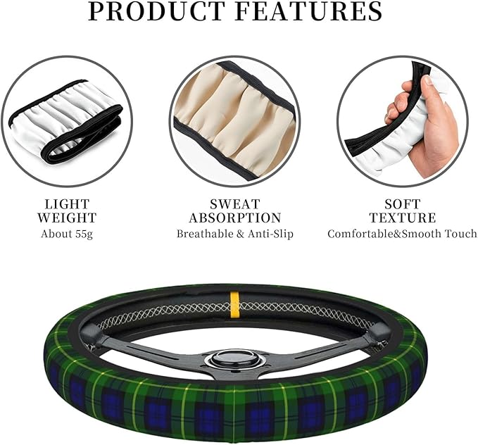 Thickened Elastic Steering Wheel Cover, Gordon Scottish Plaid Printed Tartan Ultra, Soft, Breathable, Fit for Cars, SUVs, Trucks, Stylish Comfortable Grip