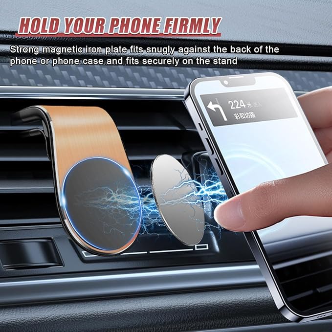 YoRise Magnetic Car Phone Holder, L Type 360° Rotatable Adjustable Car Air Vent Cellphone Mount, No-Hand Clip-On Navigation Bracket, Universal Vehicle Smartphones Stand Accessories (Gold)