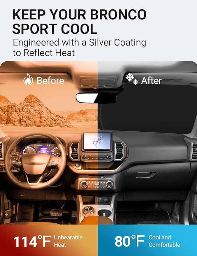 Proadsy 2026 Upgrade Windshield Sun Shade Custom Fit Ford Bronco Sport 2021-2025 2026 4-Layer Foldable Front Sunshade Protector Sun Visor Blocks UV Rays Keep Car Cooler
