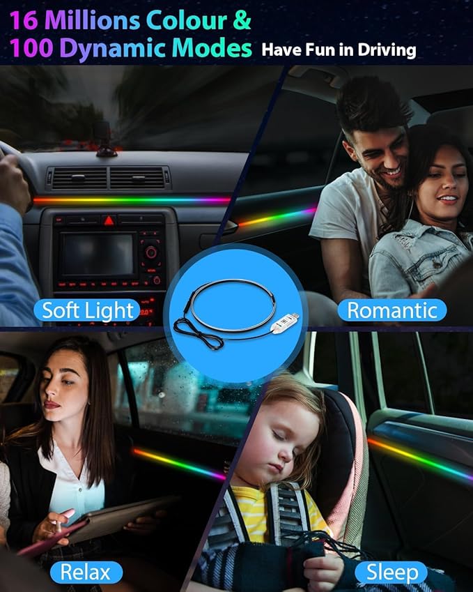 Acrylic LED Lights for Car, 43.3in RGB Strip Light Car LED Lights Interior with USB Port, App Control, Music Sync, 146 LEDs Interior Ca r Lights for Women Men Gifts