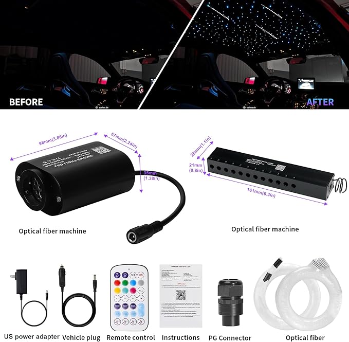 Small Size Fiber Optic Starlight Headliner Kit, Shooting Stars + Twinkle + Sound-Activated APP& Remote Control Starlight Engine for Car Home, 350pcs 9.8ft