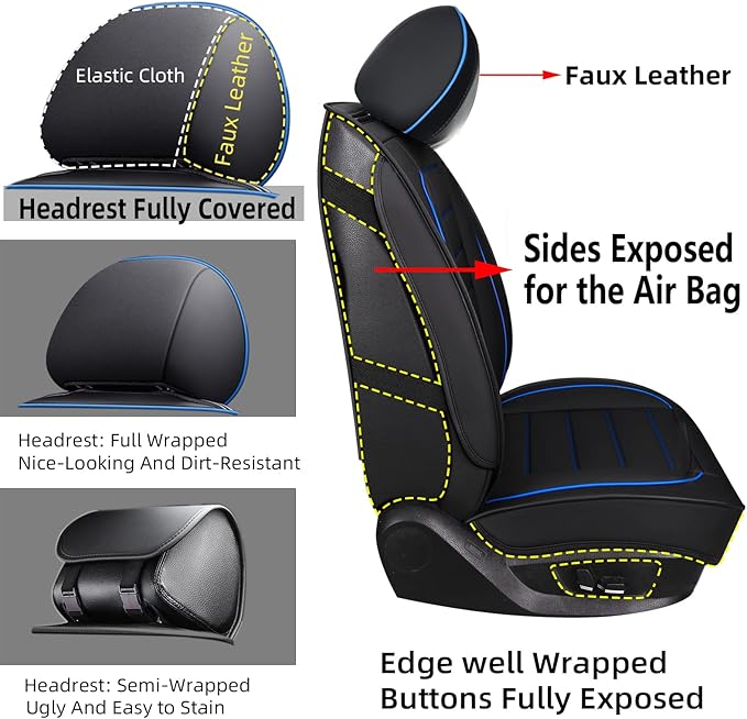 CAPITAUTO Seat Covers, Car Seat Covers Full Set, Black Car Seat Cover, Car Seat Covers Front Seats Back Seat Cover, Waterproof Faux Leather Seat Covers Fit for Most Cars Trucks SUV(Black&Blue)