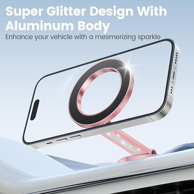 Pikabo Magnetic Phone Holder for Car Dashboard Phone Mount Holder Compatible with iPhone 17 Pro Max 16 15 14 13 12 MagSafe Accessories. (Glitter Pink)