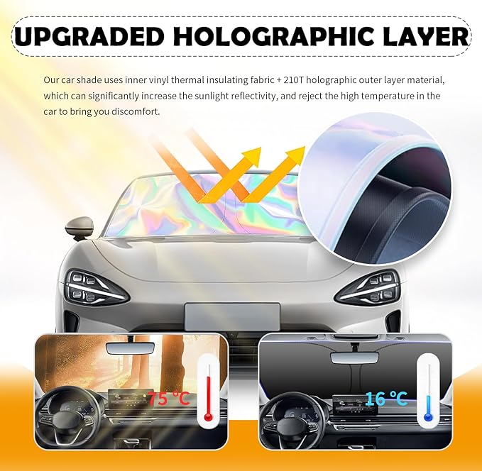 57.09x31.5 Holographic Front Windshield Sun Shade,Car Sun Shade Windshield for Thermal Insulation and Shading in 210T Titanium Silver Cloth,Collapsible Sunshade for Car Windshields