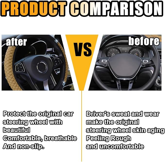 Bling Soft Leather Steering Wheel Cover, 15 Inch Colorful Rhinestones Auto Elastic Protector with Crystal Diamond for Women Girls, Car Accessories for Most Cars, SUVs (Beige)