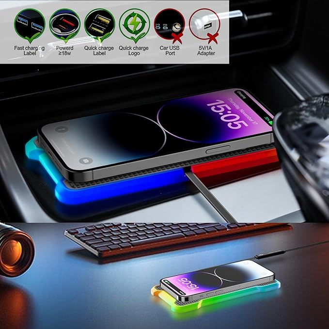 Wireless Charger Car Fast Charging pad, POLMXS Wireless Phone Charger Cell Phone RGB Light up Cordless Charging mat Compatible with iPhone 11/12/12/14/15 Galaxy S21/S22/S23/24 Airpod (C15 PAD)