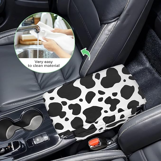Dreaweet Cow Print Arm Rest Cover for Car Women Thick Center Console Cover with Pockets Cute Car Accessories Armrest Cover for SUV Truck Comfy Anti Scratch Center Console Armrest Pad