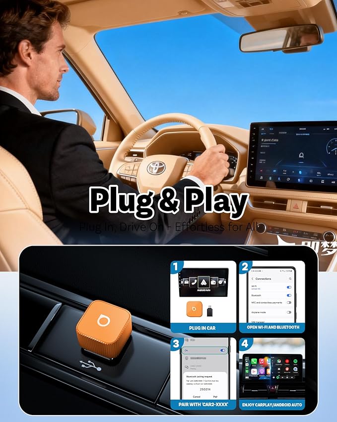 OTTOCAST 2026 New Mini Slim Orange, 2-in-1 Wireless CarPlay Adapter & Android Auto Adapter, Plug & Play Wireless Carplay Dongle, 5s Auto-Connect, Mini Cube for Factory Wired Cars, iPhone & Android