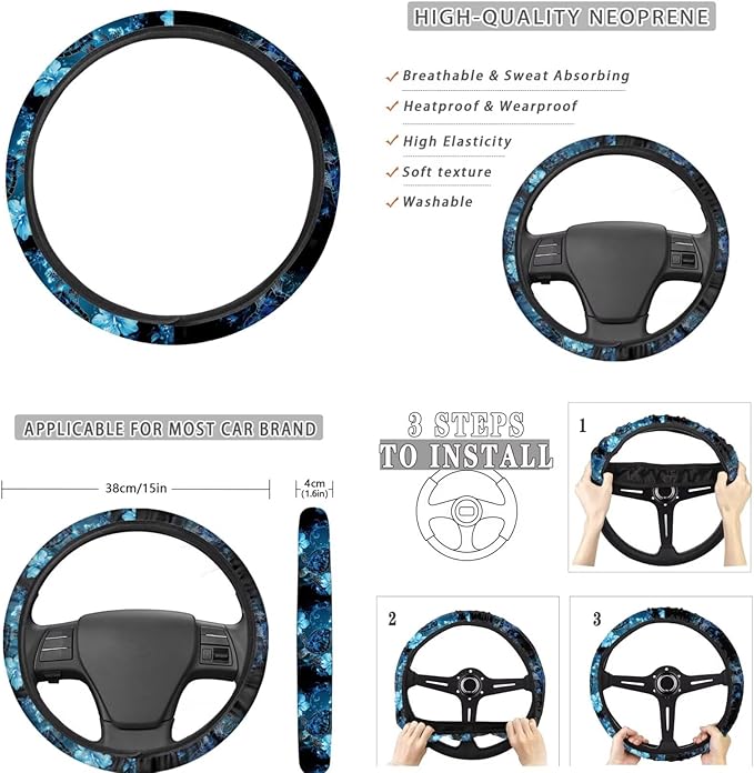 FKELYI Floral Sea Turtle Car Seat Covers Full Set with Steering Wheel, Headrest, Gear Shift, Handbrake Covers, Cup Holder Coasters