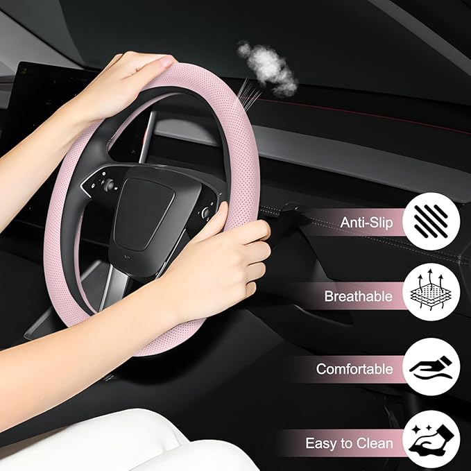 Microfiber Leather Universal 14.5-15 inch Steering Wheel Cover,Easy to Install Non-Slip Breathable Steering Wheel Protector Light Pink