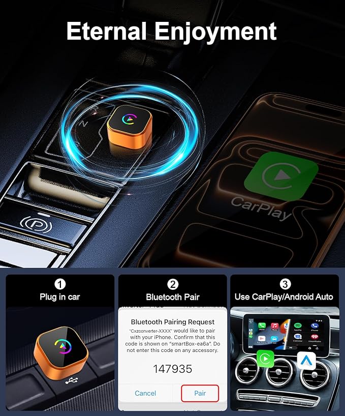 Wireless CarPlay Adapter 2026 Upgraded for iPhone＆Android,2in1 Mini CarPlay Wired to Wireless with Fast Stable Connection,Plug & Play,WLAN Dual-Band 2.4G+5.8G,No Delay,USB-A/USB-C