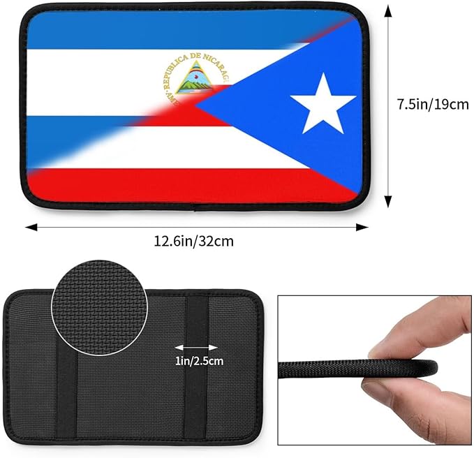 Puerto Rico Nicaragua Nicaraguan Flag Auto Center Console Armrest Cover Car Handrail Box Cushion Pad Mat Universal Fit Most Vehicle Sedan Truck SUV Soft Comfort Decor Accessories