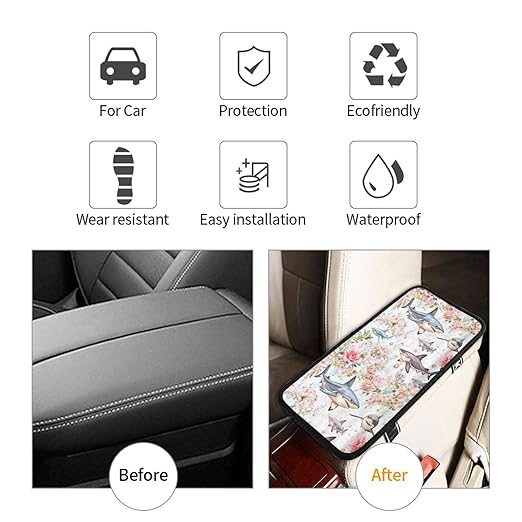 Sharks Sea Life with Pink Car Auto Armrest Cushion Cover Accessories Center Console Seat Box Pad Protector Universal Decoration for Most Vehicle SUV Truck
