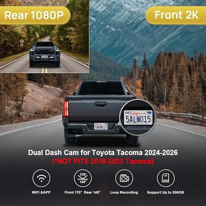 Fitcamx Front 2K+Rear 1080P Dash Cam Adapts for Toyota Tacoma & Hybrid 2024-2026, OEM Look, Dual HD Video, WiFi & APP, Loop Recording, Graivity Sensor, Night Vision, Easy to Operate, 64GB Card