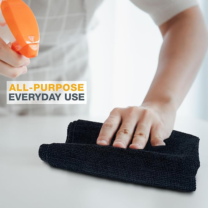 Eurow Ultrasonic Cut 300 GSM Microfiber Cleaning Towels, Streak-Free, Lint-Free, Ultra Absorbent, Scratch-Safe, for Auto Detailing, Home, Kitchen & Multipurpose Use, 16x16, 12-Pack, Black