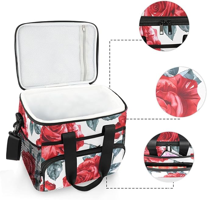 Red Rose Flower Cooler Bag Insulated Cooler Soft Sided Cooler 24 Can Portable Picnic Bag Large Leakproof Lunch Bag Box for Beach Grocery Camping Travel Car Men Women