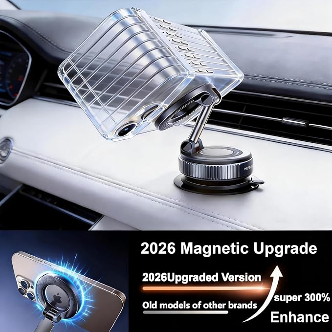 Magsafe Car Mount 2026 Upgraded, 360° Adjustable Magnetic Car Phone Holder[98 LBS Strongest Suction] Dashboard Windshield Vacuum Magnetic Phone Holder for Your Car fit iPhone & Android