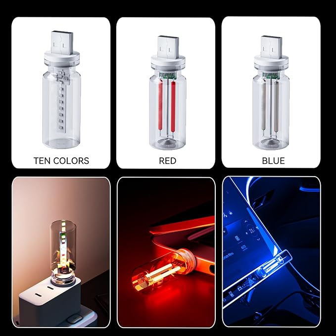 4 PCS USB Night Light, Touch Dimmable Mini USB LED Car Interior Ambient Lights, Portable Plug-in Glass Bottle Night Lamp for Car, Tent, Desk, Bedside (2RGB&1Red&1Blue)