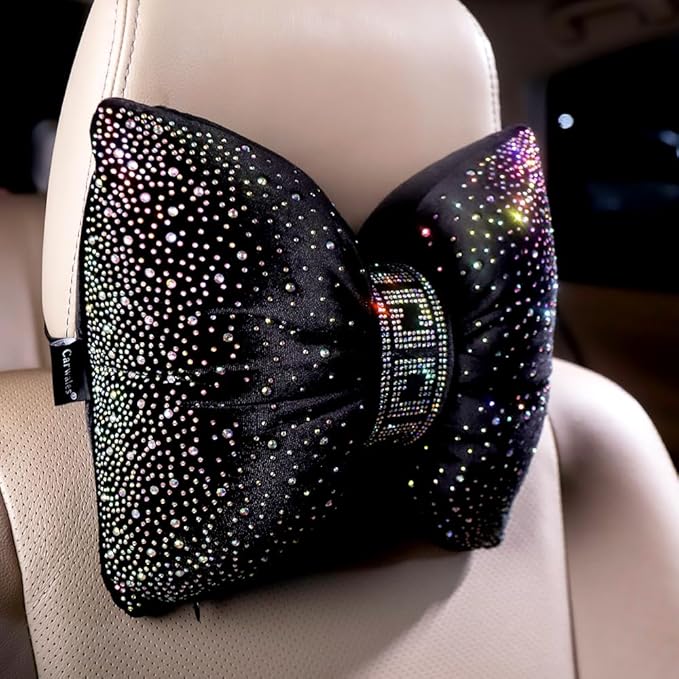 Bow Neck Support Pillow for Driving Seat Travel Head Rest Sparkly Bling Car Accessories Sparkly Rhinestone Headrest Black 2pcs for Women Men